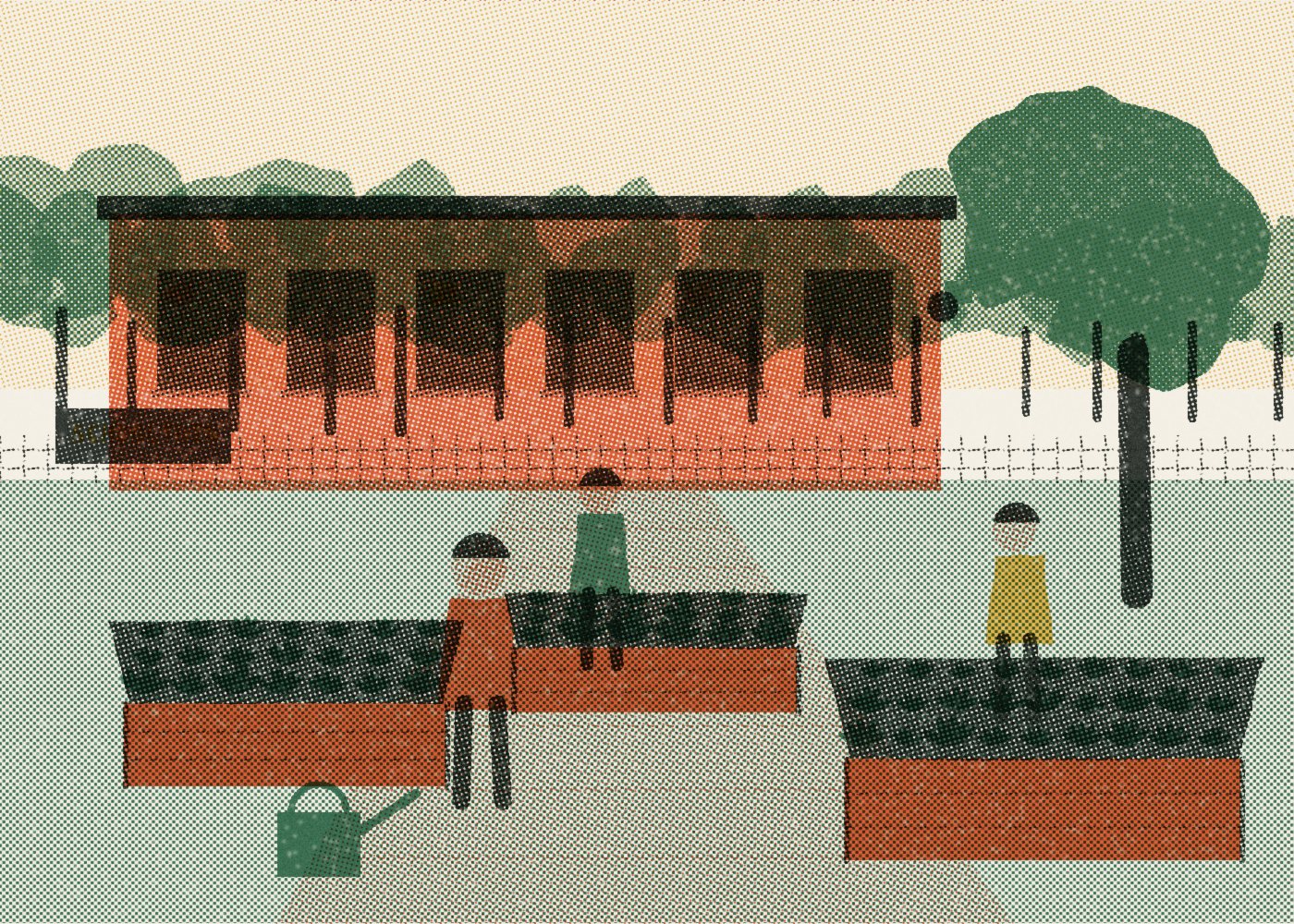 Illustratie: moestuinbakken van hout op een schoolplein in Waalre, met kinderen die planten water geven.